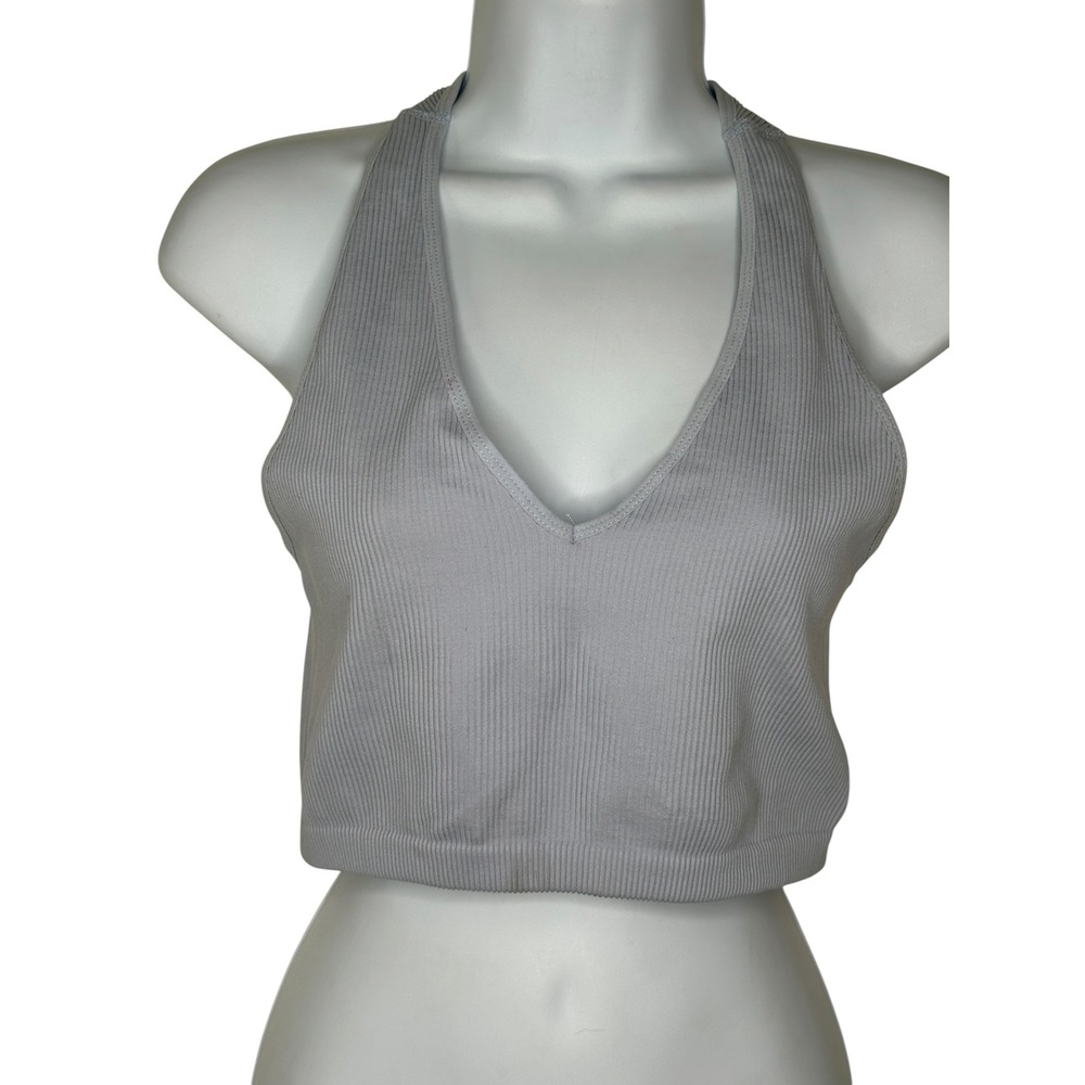 FP Free Movement Halter Crop Large Blue Ribbed V-Neck Seamless Racerback Tank